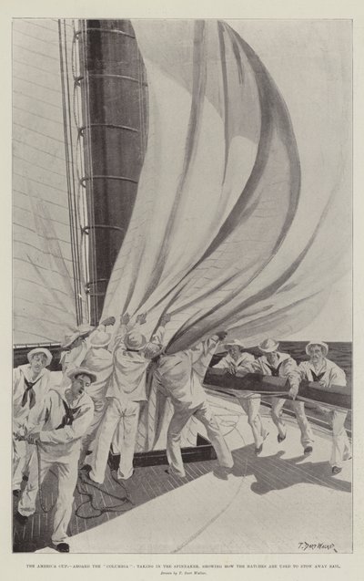 The America Cup, Aboard the Columbia, Taking in the Spinnaker, Showing How the Hatches are Used to Stow Away Sail by T. Dart Walker